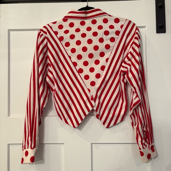 Vintage Banjo Red White Polka Dot Striped Button Western Rodeo Cropped Shirt - Picture 4 of 6